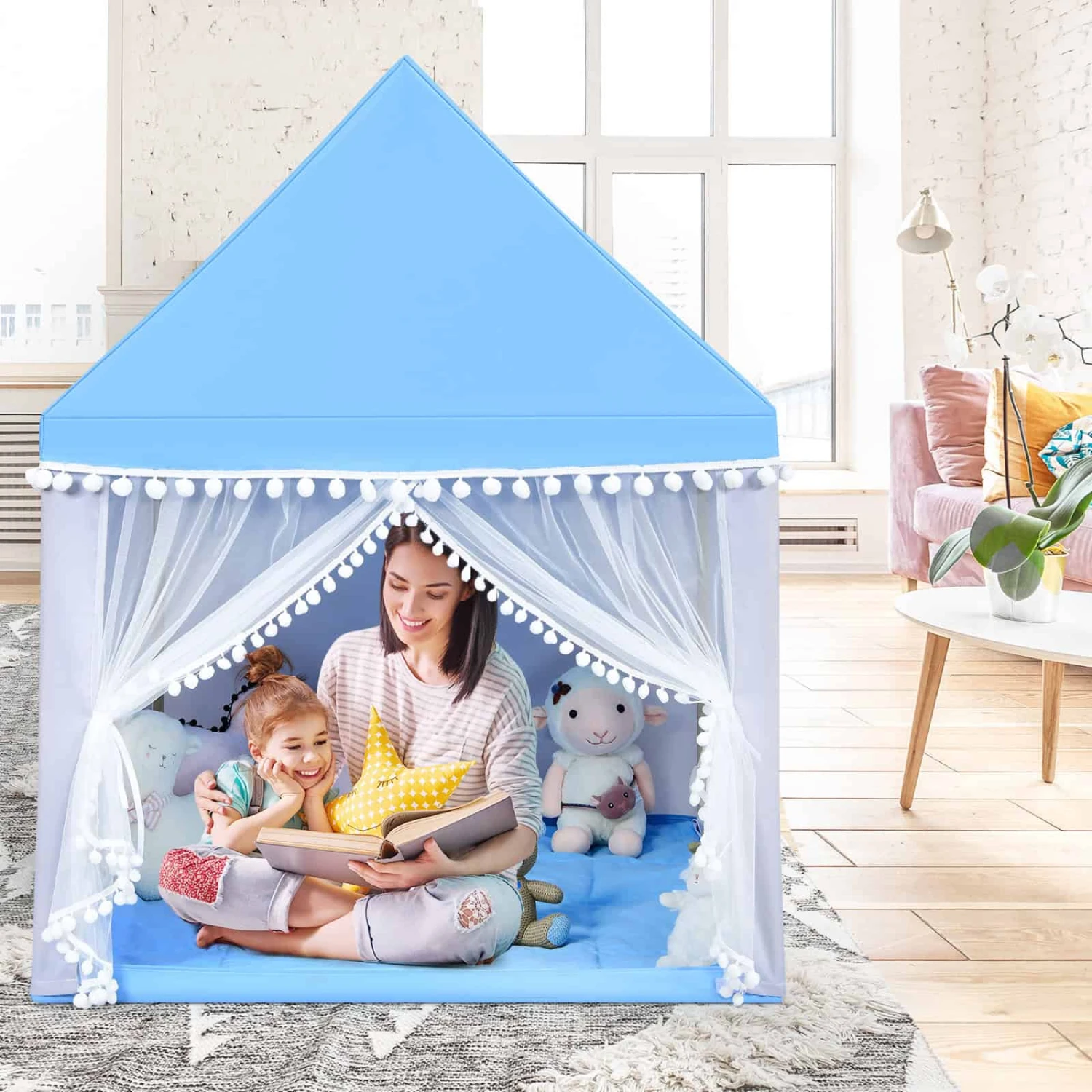 Costway Kids Play Tent Large Playhouse Children Play Castle Fairy Tent Gift W/ Mat Blue | BigEasyMart.com - Image 3