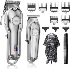 SUPRENT® Professional Hair Clippers For Men, Hair Cutting Kit & Zero Gap T-Blade Trimmer Combo, Cordless Barber Clipper Set With LED Display (Silver) | BigEasyMart.com
