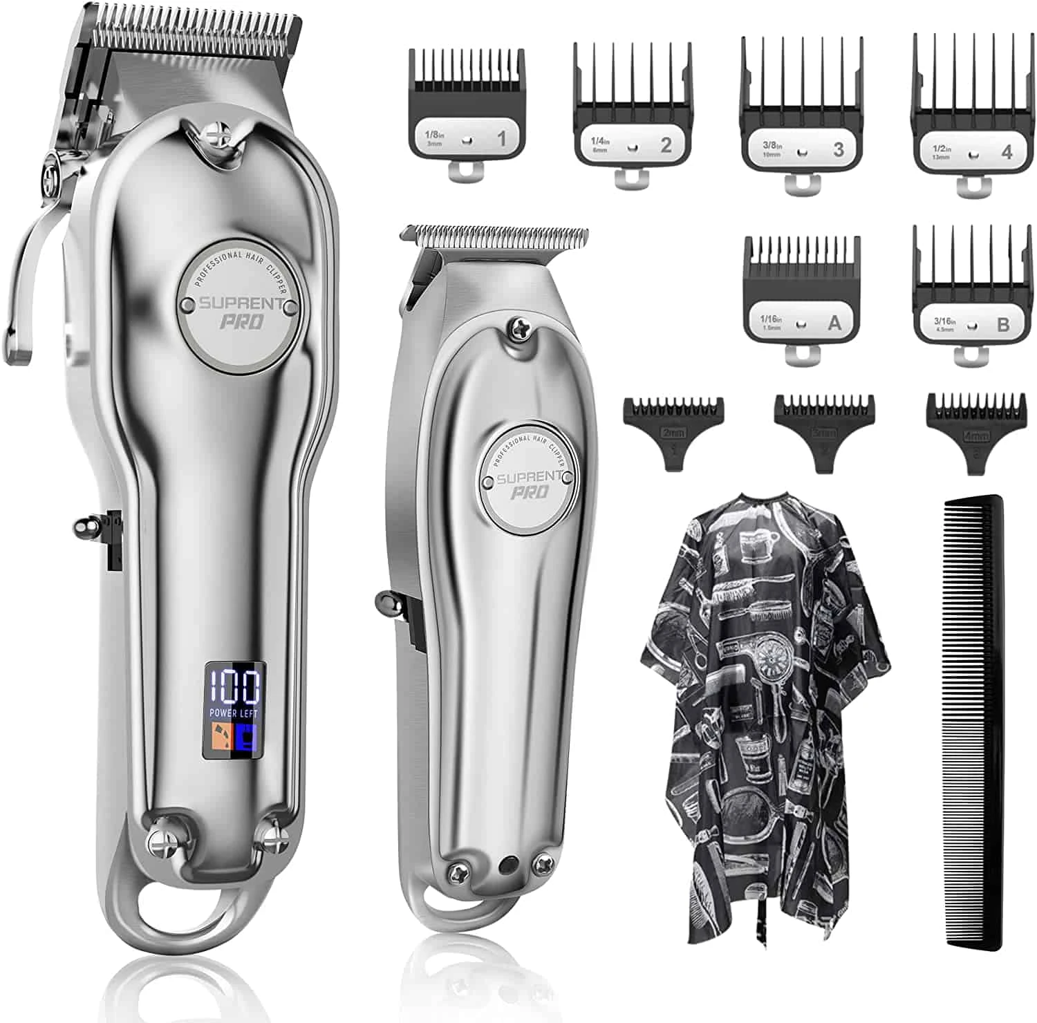 SUPRENT® Professional Hair Clippers For Men, Hair Cutting Kit & Zero Gap T-Blade Trimmer Combo, Cordless Barber Clipper Set With LED Display (Silver) | BigEasyMart.com