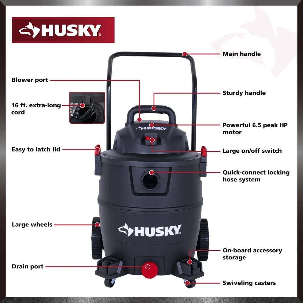 Husky AT18621P-16A 16 Gal. Poly Cart-Design Wet/Dry Vac With A Cartridge Filter, Hose, And Accessories | BigEasyMart.com - Image 8