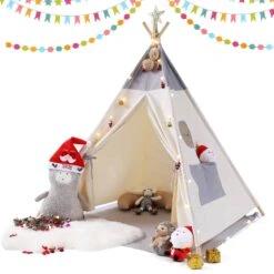 Besrey Kids Teepees Play Tent With Free String Lights & Mat, Portable Canvas Playhouse For Kids Indoor Outdoor Playing | BigEasyMart.com