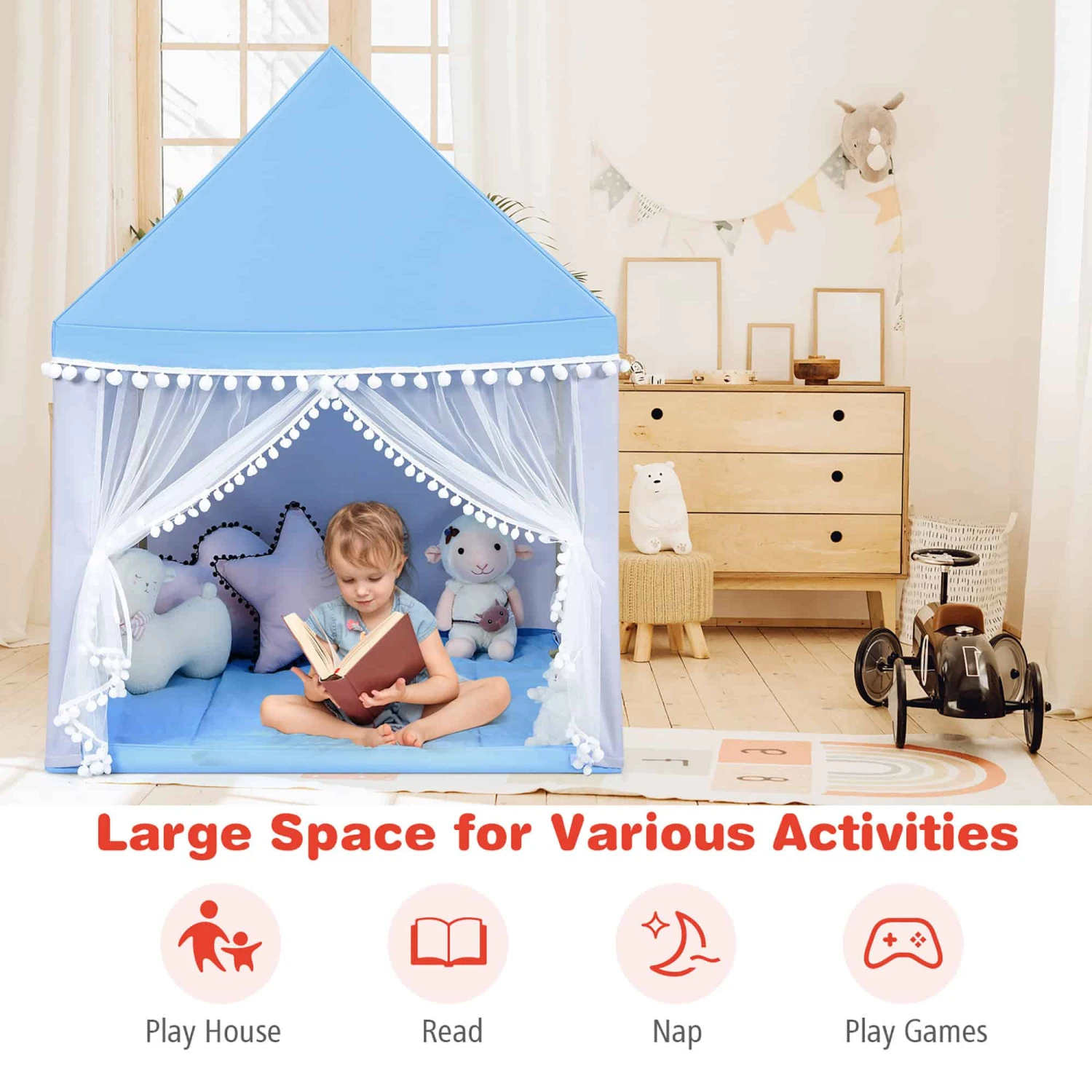Costway Kids Play Tent Large Playhouse Children Play Castle Fairy Tent Gift W/ Mat Blue | BigEasyMart.com - Image 4