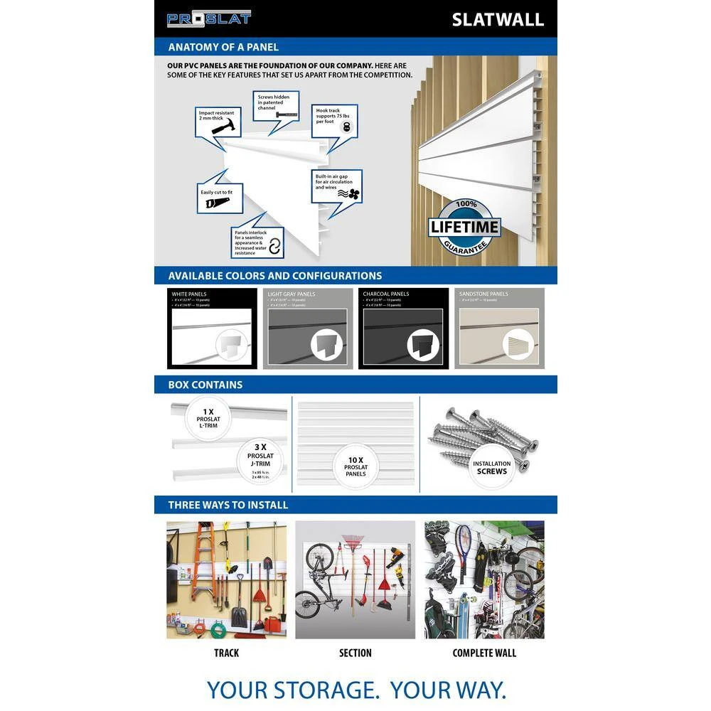 Proslat 33012 PVC Slatwall 8 Ft. X 4 Ft. Charcoal Hook Kit Bundle (20-Piece) | BigEasyMart.com - Image 3