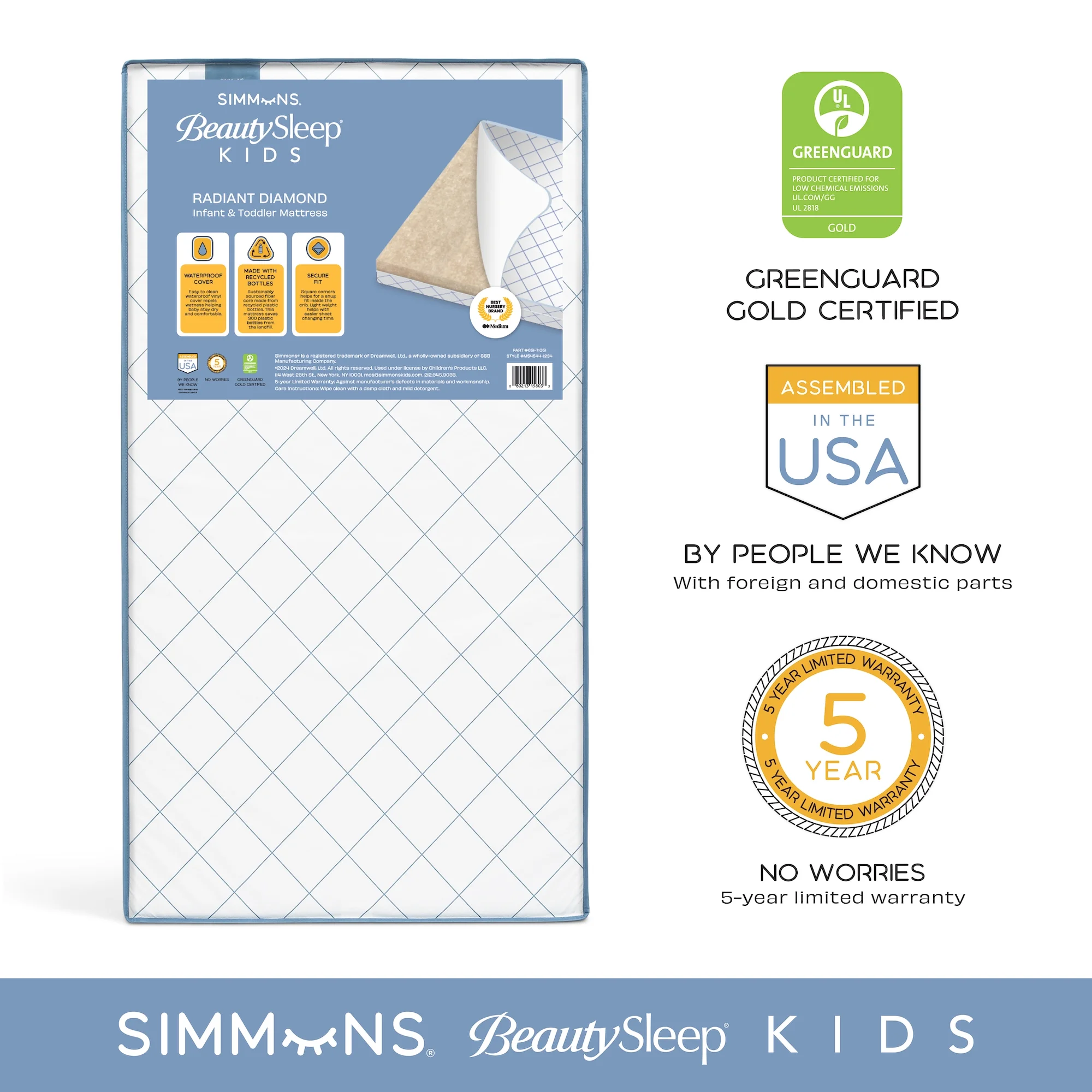 Simmons BeautySleep Kids Radiant Diamond Crib And Toddler Mattress, Waterproof, Extra Firm, GREENGUARD Gold, Sustainably Sourced Fiber Core, White/Blue | BigEasyMart.com - Image 2
