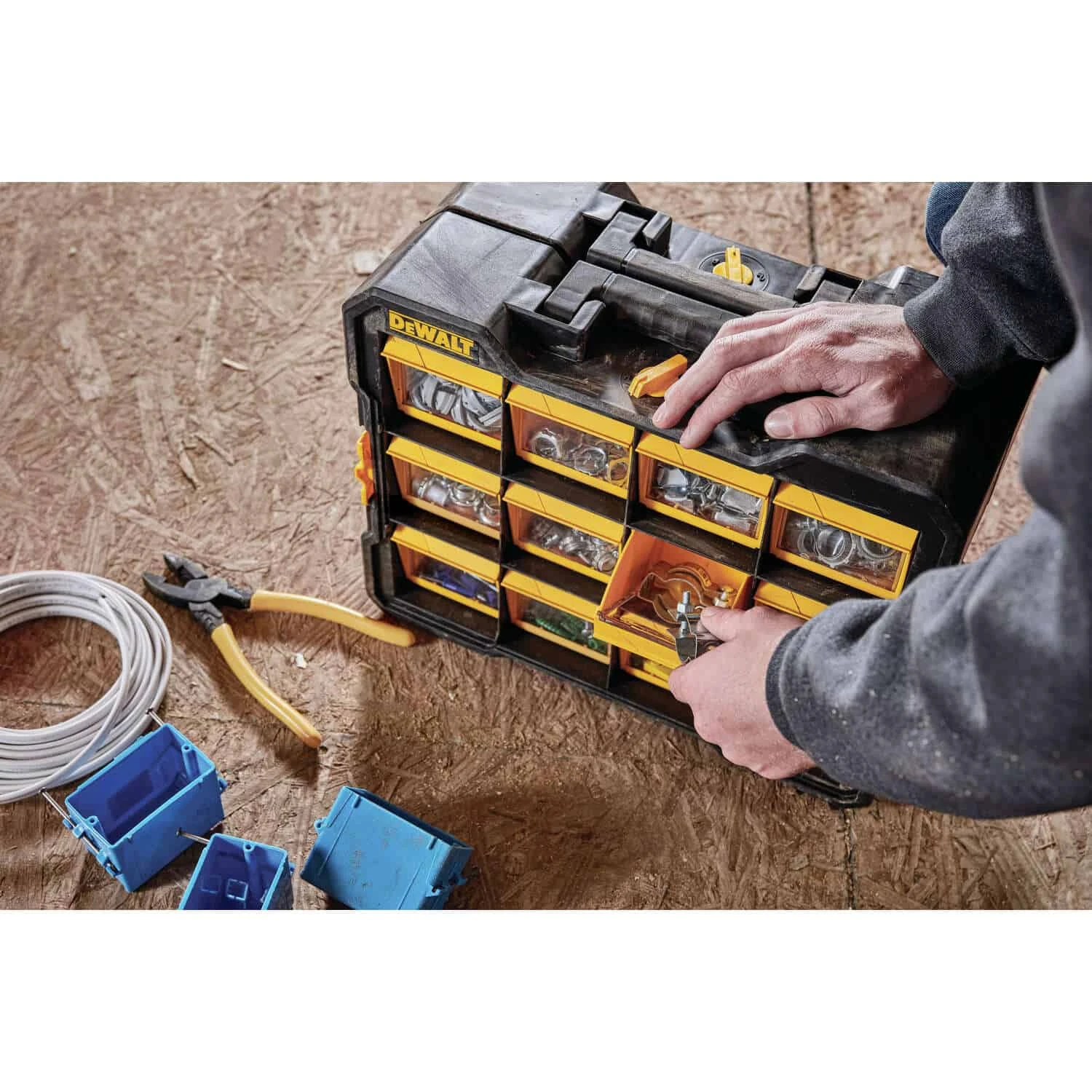 DeWalt 4.2 In. W X 13.5 In. H Flip Bin Storage Organizer Plastic 12 Compartments Yellow | BigEasyMart.com - Image 4