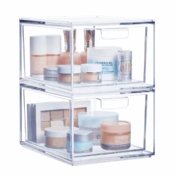 STORi Audrey Stackable Clear Bin Plastic Organizer Drawers, 2 Piece Set, Organize Cosmetics And Beauty Supplies On A Vanity | BigEasyMart.com