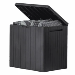 Keter City 30 Gallon Resin Deck Box For Patio Furniture, Pool Accessories, And Storage For Outdoor Toys, Grey | BigEasyMart.com