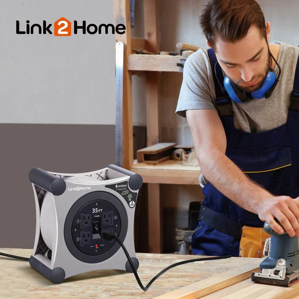 Link2Home EM-EL-350G 35 Ft. 14/3 Extension Cord Storage Reel With 4 Grounded Outlets | BigEasyMart.com - Image 3