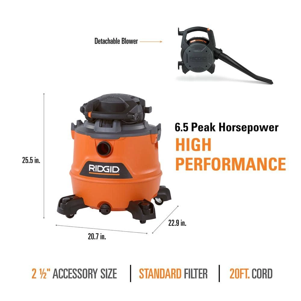 RIDGID HD1600 16 Gallon 6.5 Peak HP NXT Wet/Dry Shop Vacuum With Detachable Blower, Filter, Locking Hose And Accessories | BigEasyMart.com - Image 5