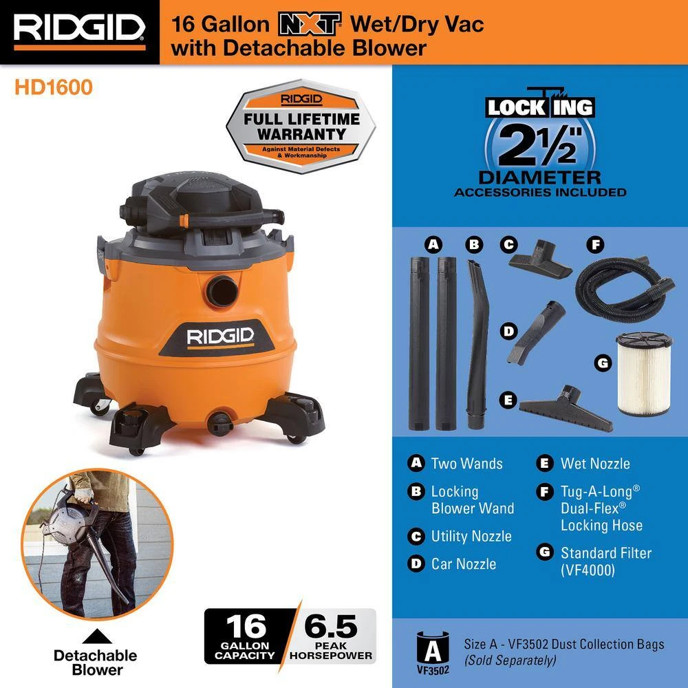 RIDGID HD1600 16 Gallon 6.5 Peak HP NXT Wet/Dry Shop Vacuum With Detachable Blower, Filter, Locking Hose And Accessories | BigEasyMart.com - Image 2