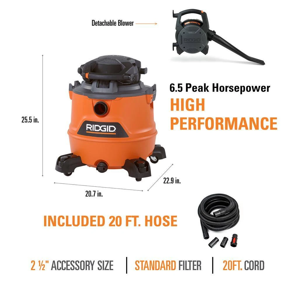 RIDGID HD1600D 16 Gallon 6.5 Peak HP NXT Wet/Dry Shop Vacuum With Detachable Blower, Filter, 7 Ft Hose, 20 Ft Hose And Accessories | BigEasyMart.com - Image 5