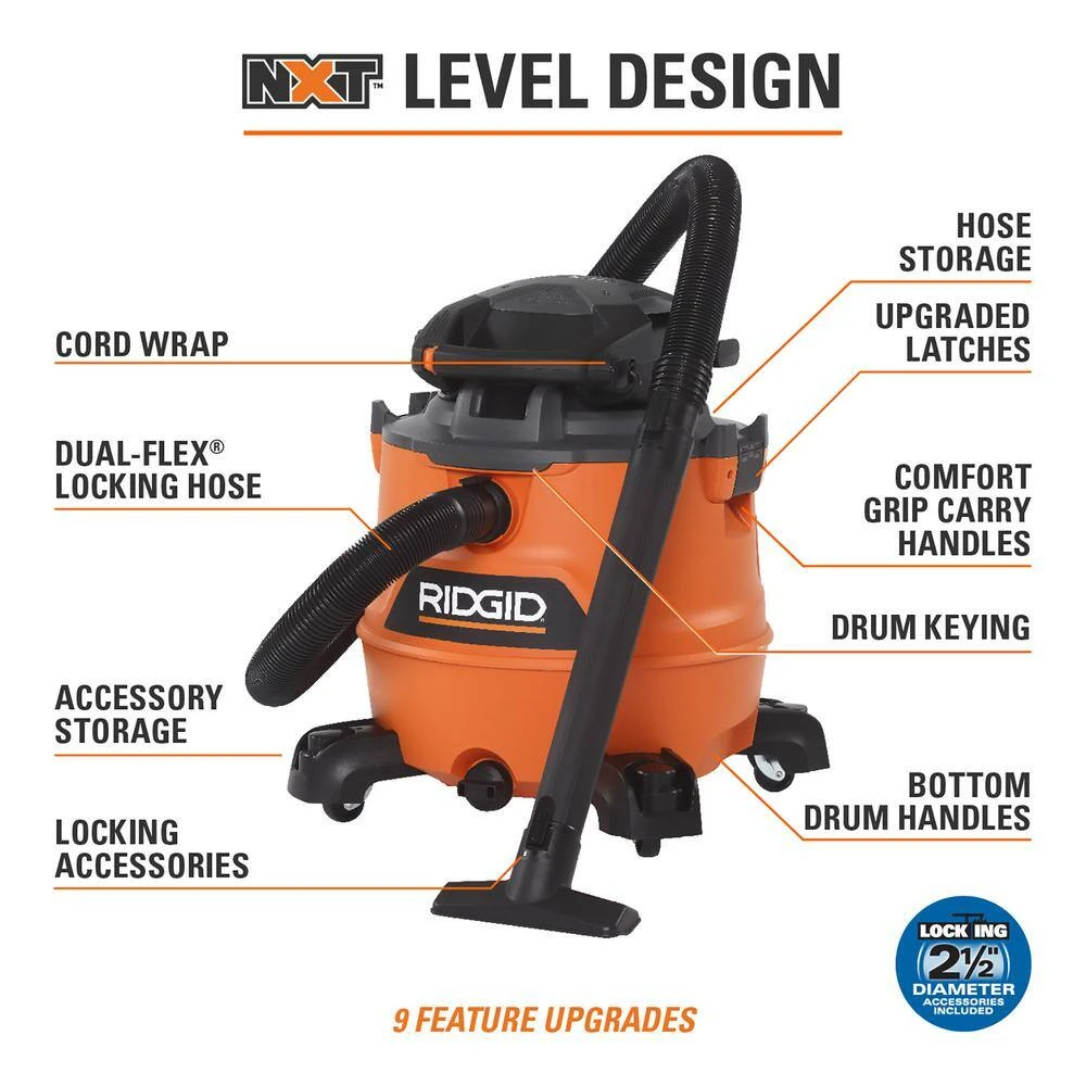 RIDGID HD1600D 16 Gallon 6.5 Peak HP NXT Wet/Dry Shop Vacuum With Detachable Blower, Filter, 7 Ft Hose, 20 Ft Hose And Accessories | BigEasyMart.com - Image 3