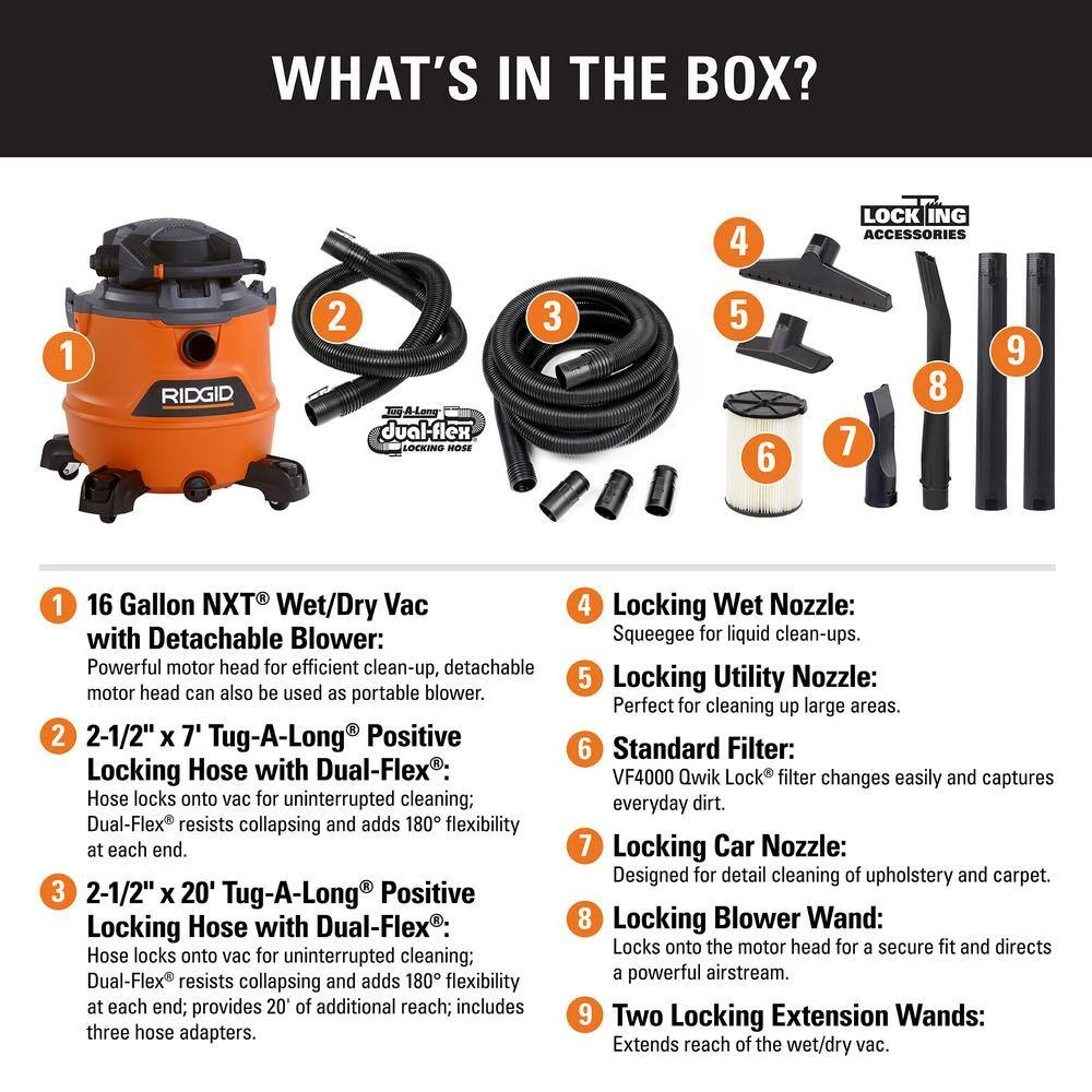 RIDGID HD1600D 16 Gallon 6.5 Peak HP NXT Wet/Dry Shop Vacuum With Detachable Blower, Filter, 7 Ft Hose, 20 Ft Hose And Accessories | BigEasyMart.com - Image 2