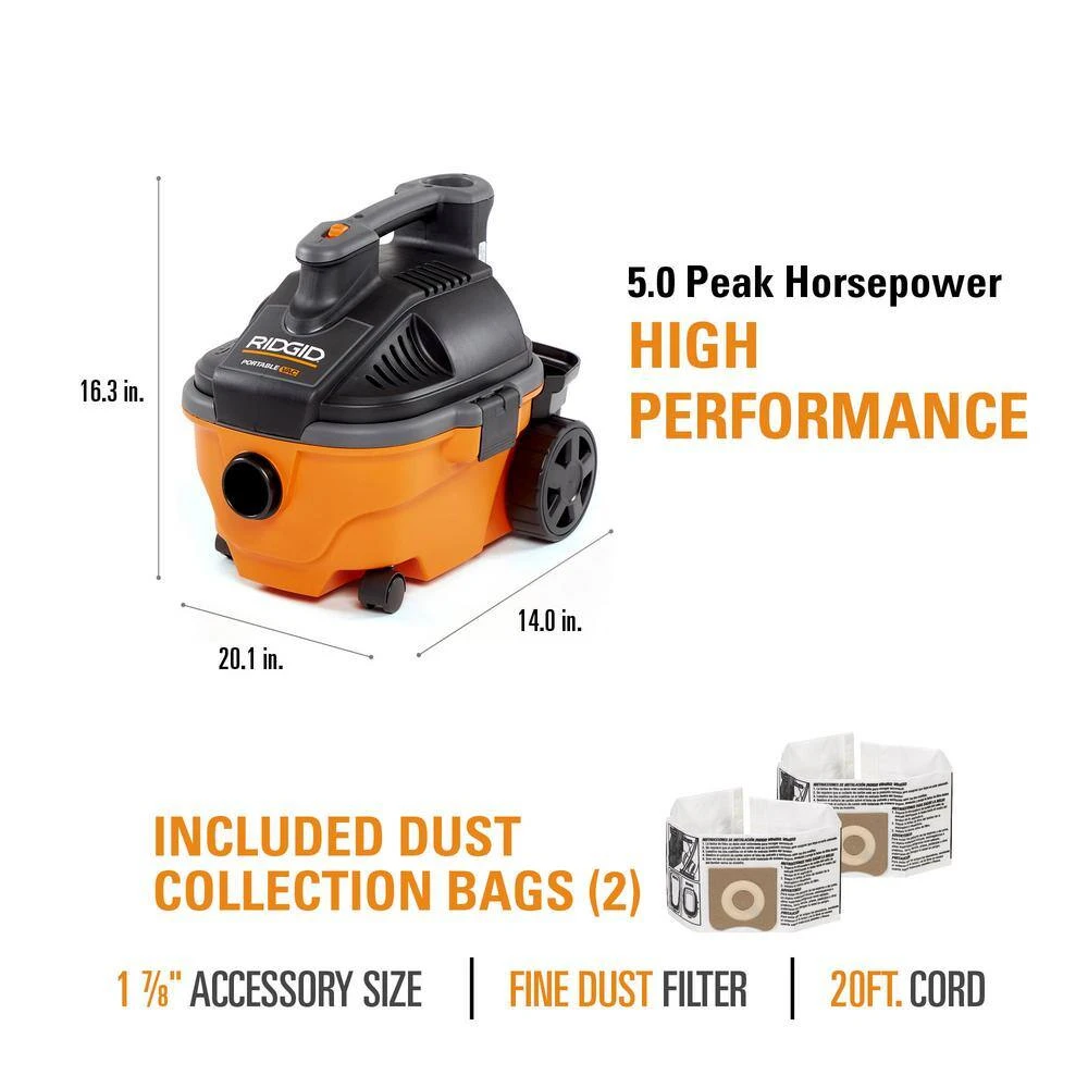 RIDGID WD4070D 4 Gallon 5.0 Peak HP Portable Wet/Dry Shop Vacuum With Fine Dust Filter, Dust Bags, Locking Hose And Accessories | BigEasyMart.com - Image 5