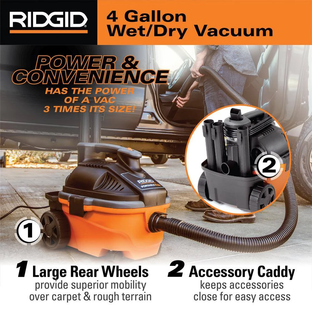 RIDGID WD4070D 4 Gallon 5.0 Peak HP Portable Wet/Dry Shop Vacuum With Fine Dust Filter, Dust Bags, Locking Hose And Accessories | BigEasyMart.com - Image 4