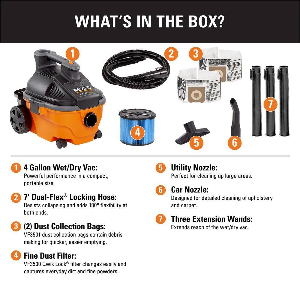 RIDGID WD4070D 4 Gallon 5.0 Peak HP Portable Wet/Dry Shop Vacuum With Fine Dust Filter, Dust Bags, Locking Hose And Accessories | BigEasyMart.com - Image 2