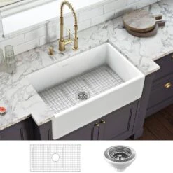 Ruvati 1003280743 30 In. X 20 In. Fireclay Reversible Farmhouse Apron-Front Single Bowl Kitchen Sink In White | BigEasyMart.com